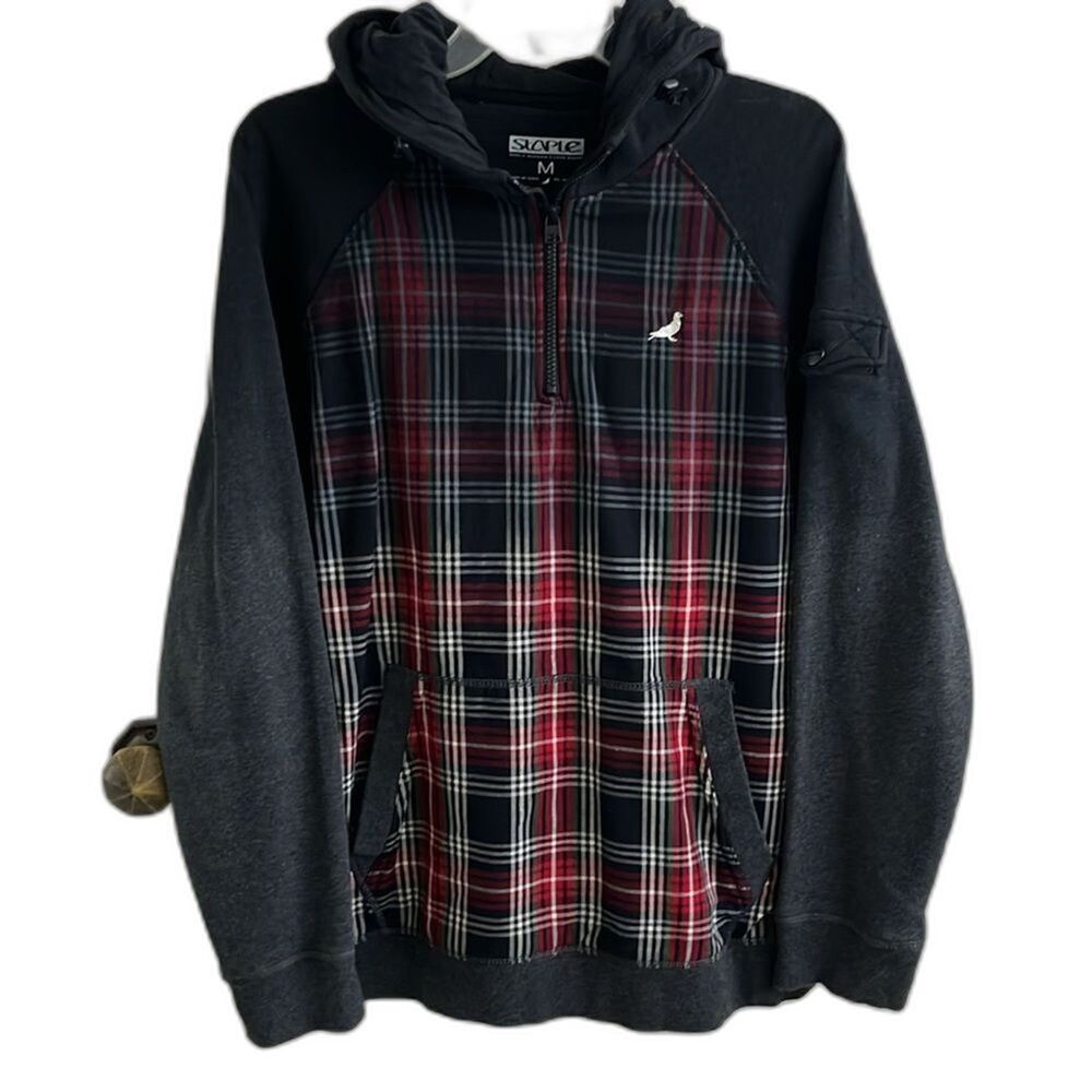 Staple Pigeon Brand Plaid Sweatshirt 1/4 zip Hoodie Sz Med